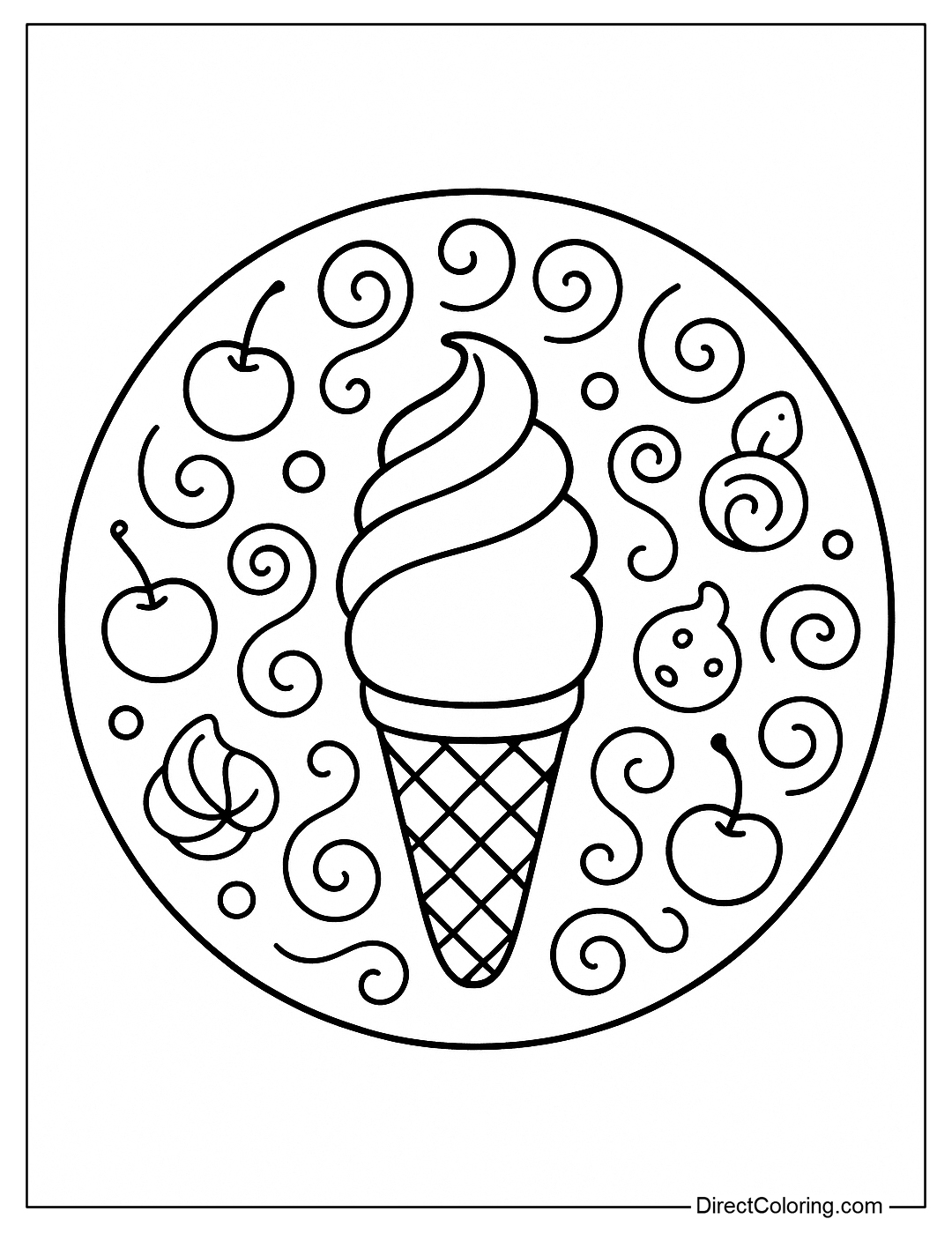 a coloring page of a circular center with an ice cream cone, surrounded by shell patterns, cherries, stylized toppings.